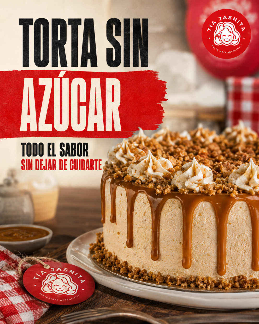 Tía Jasnita: torta sin azúcar, diseño rojo y crema